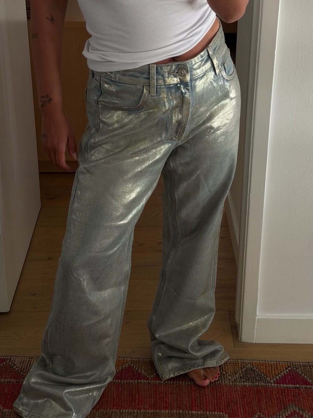 Metallic Silver Zara Straight-Leg Jeans